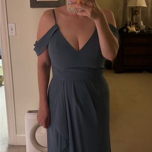 David's Bridal Blue Pleated Wrap Dress for Wedding Guest